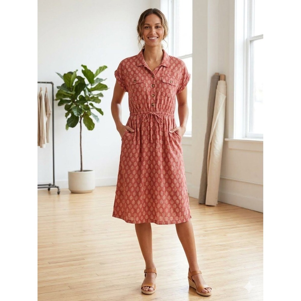Lucky Brand Red Medallion Print Button Front Shirt Dress Large